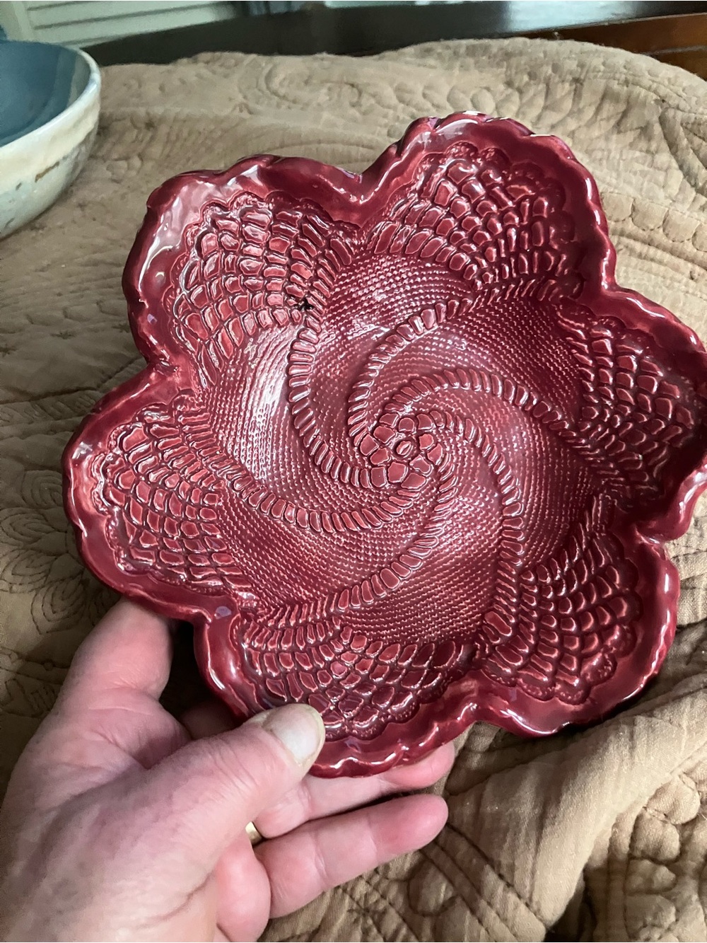 Handcrafted Red Embossed Ceramic Dish